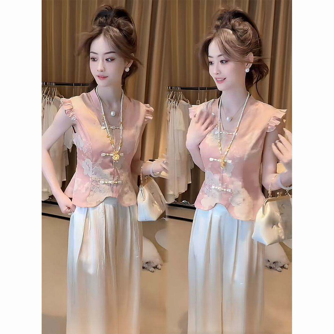 高级感轻国风时尚套装女夏季新款设计感盘扣收腰上衣阔腿裤两件套