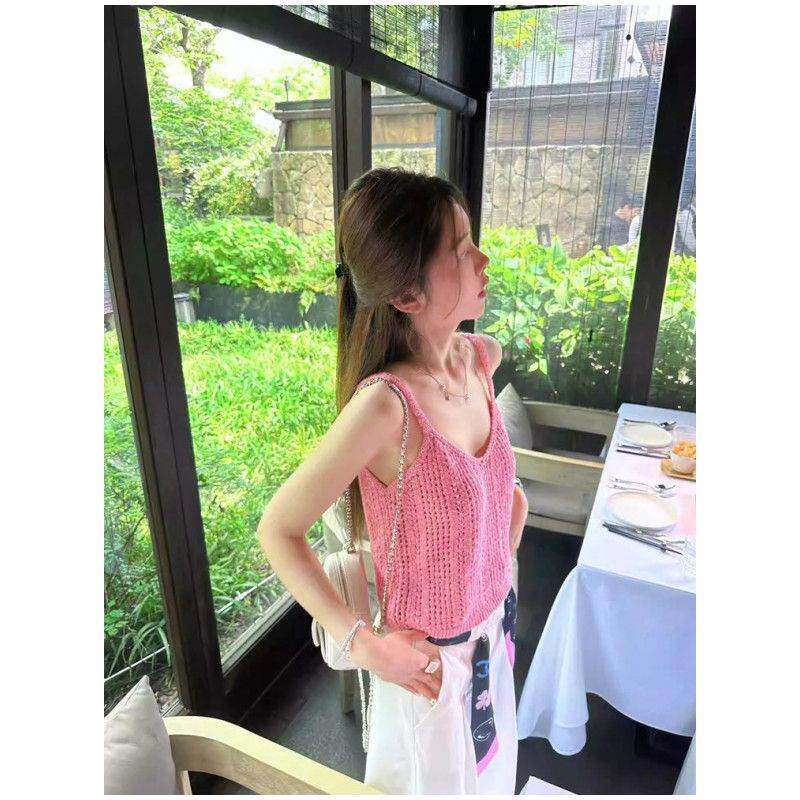 法式甜辣镂空粉色针织吊带背心女夏季新款外穿领短款无袖小上衣