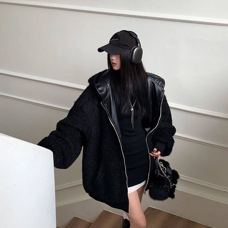 黑色系御姐仿羊羔毛外套皮衣女冬连帽pu皮绒内里皮毛一体两面可穿