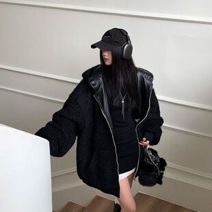 黑色系御姐仿羊羔毛外套皮衣女冬连帽pu皮绒内里皮毛一体两面可穿