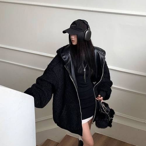 黑色系御姐仿羊羔毛外套皮衣女冬连帽pu皮绒内里皮毛一体两面可穿