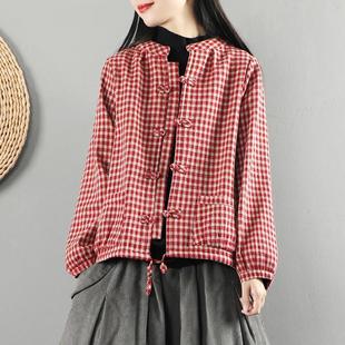 2025春秋季最新款加大码女装新中式格子国风外套加绒短款百搭上衣