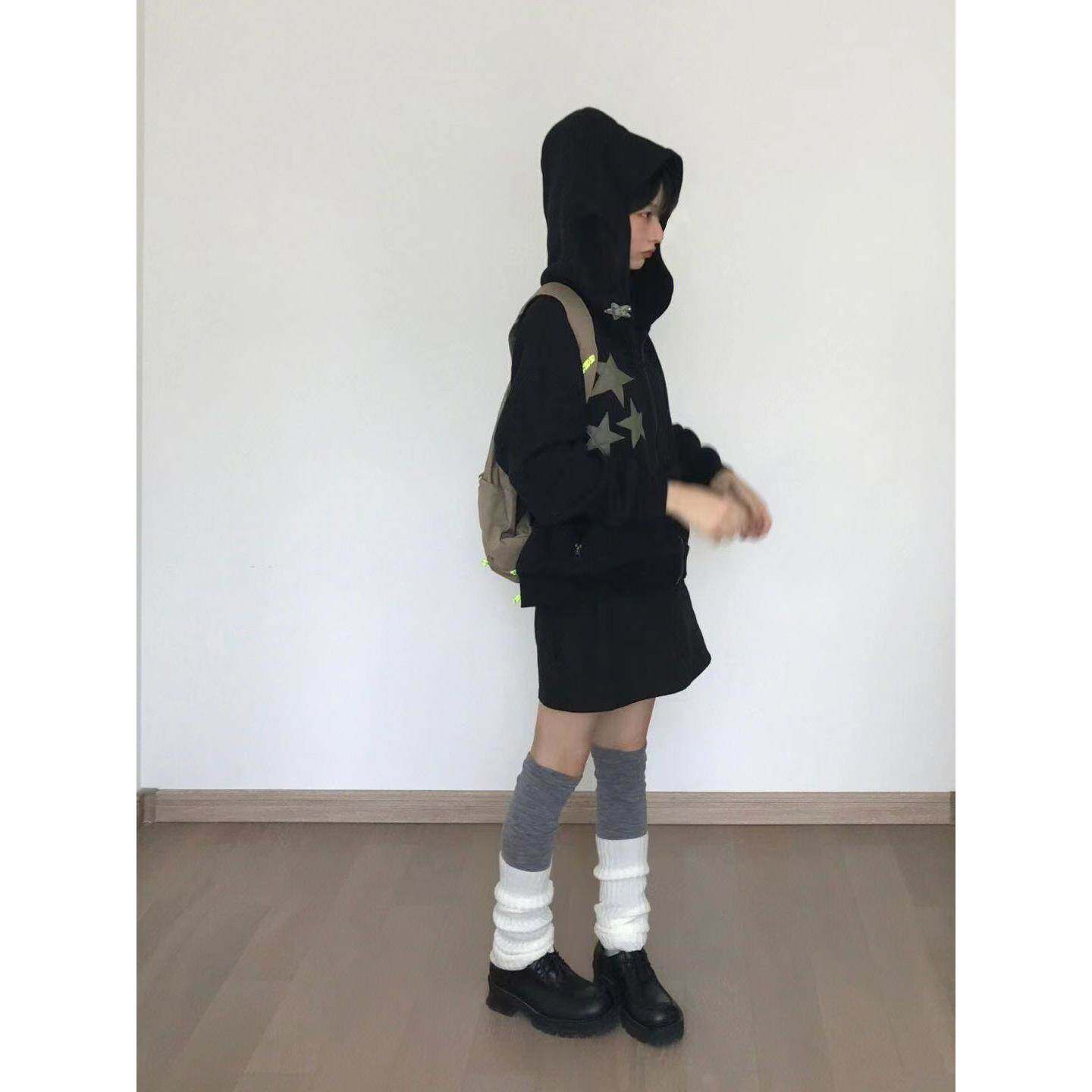 复古学院风五角星印花拉链加绒加厚卫衣女秋春季宽松情侣开衫外套