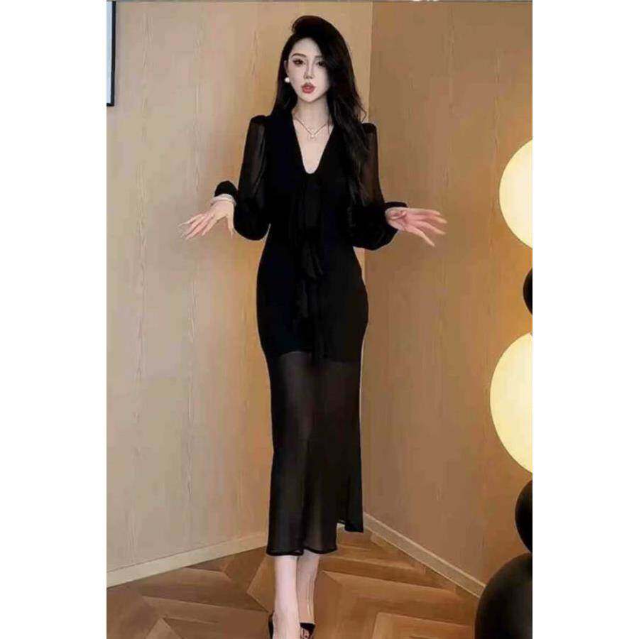 春秋法式长袖连衣裙晚礼服女装温柔风气质收腰显瘦黑色绑带鱼尾裙