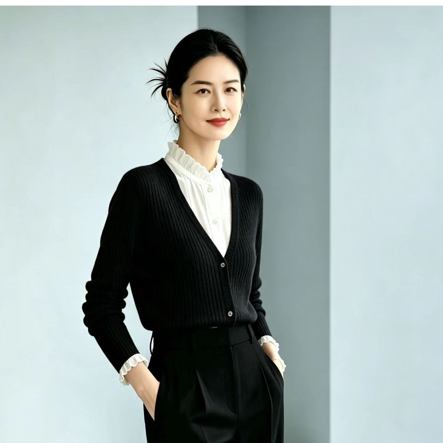 高端女装中年妈妈针织毛衣假两件白色衬衣领黑色毛衣大码显瘦上衣