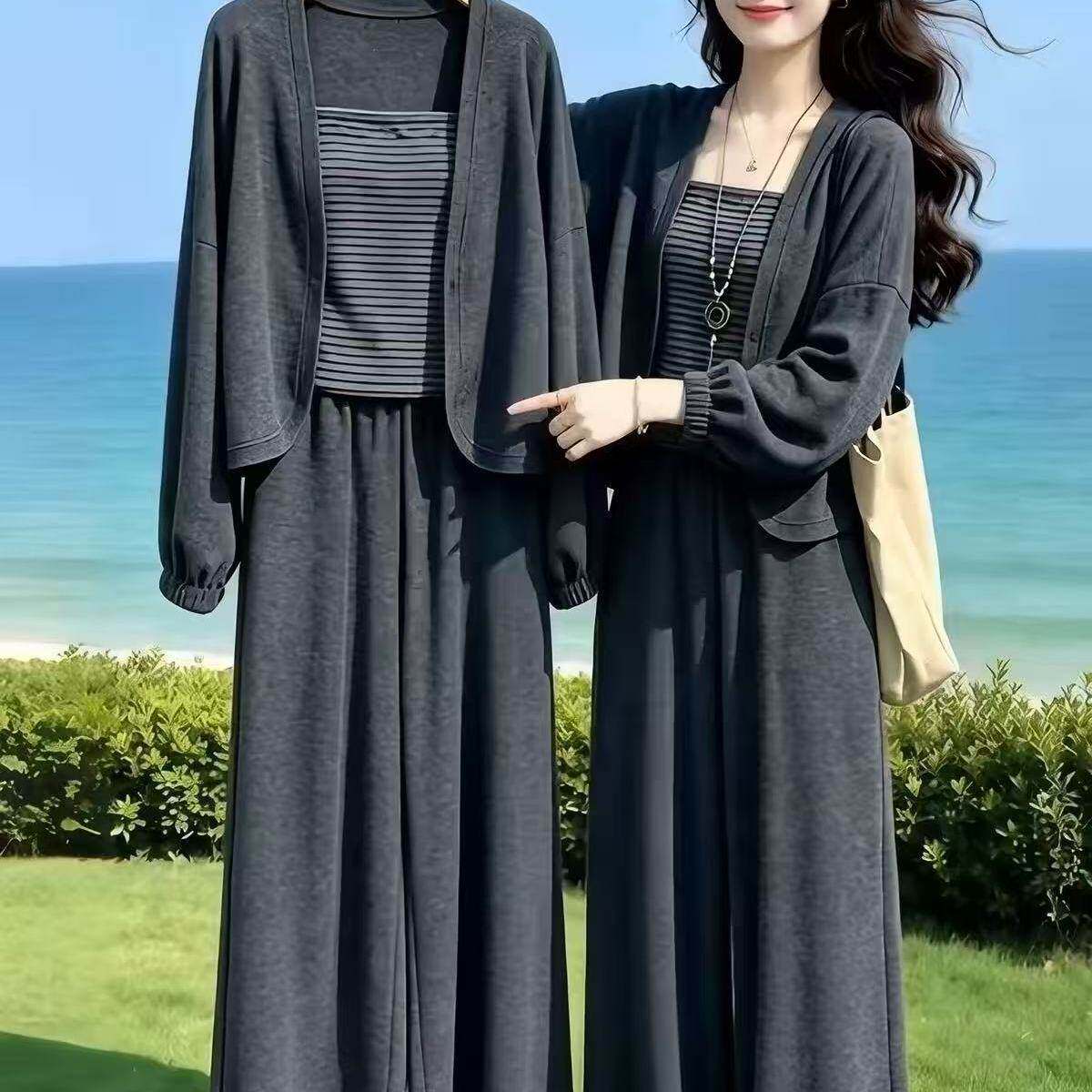 新款条纹吊带背心开衫外套三件套女春秋季宽松显瘦阔腿裤休闲套装