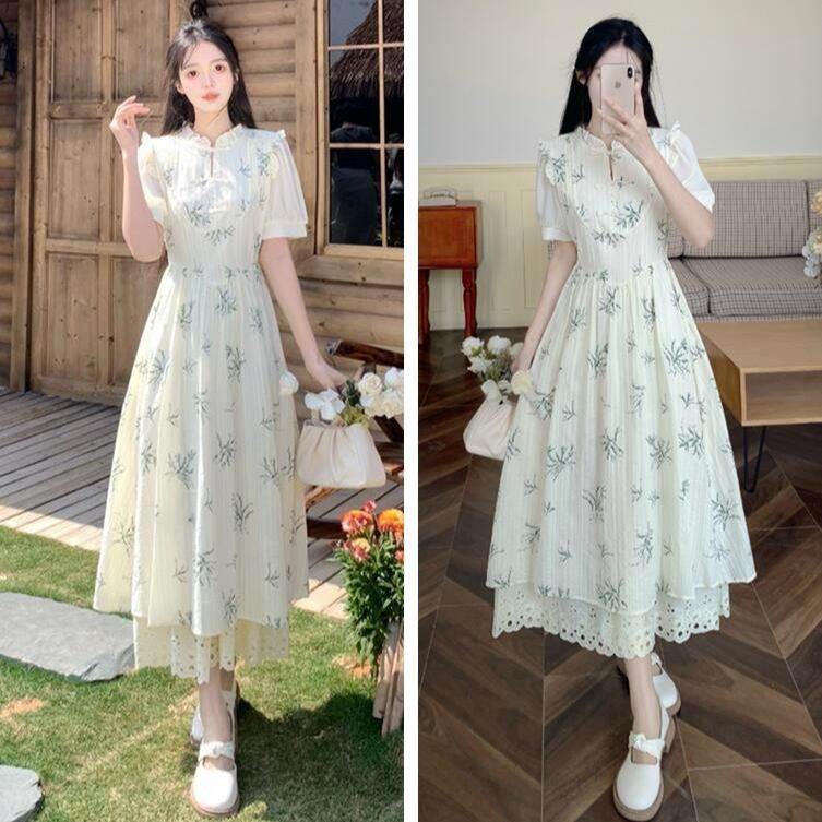 大码复古国风盘扣碎花连衣裙女夏季胖妹妹甜美气质木耳边长裙子