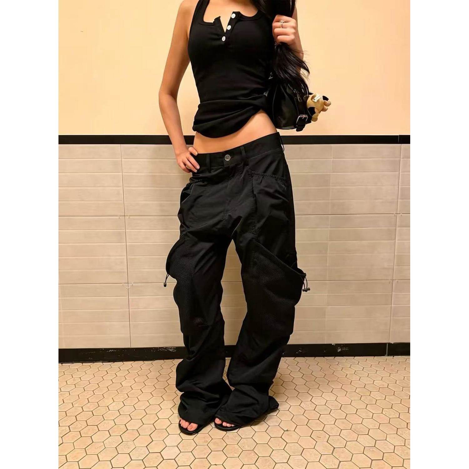美式复古黑色网面大口袋工装弯刀裤男女机能直筒速干休闲长裤