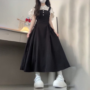 日系甜美小个子黑色系带背带连衣裙女+白色木耳边翻领衬衫两件套
