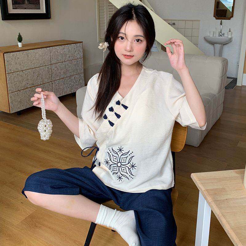 新中式家居服夏季短袖年轻外穿加肥加大码改良汉服古风国风睡衣女