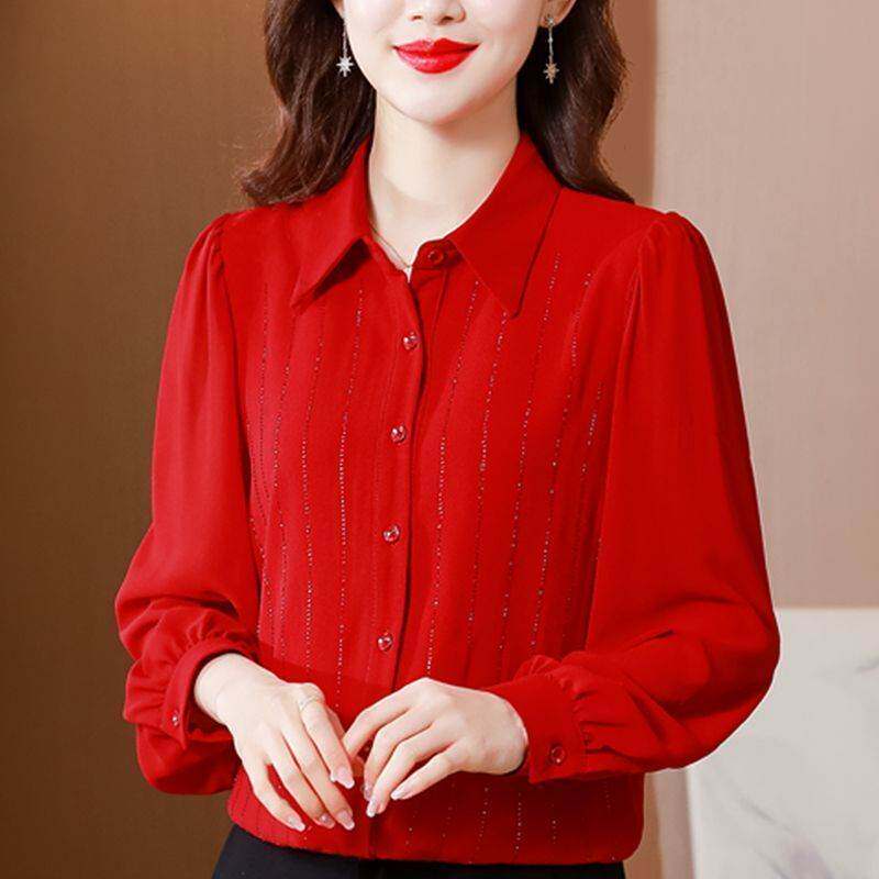 2026春季新款女士衬衫拼接乔其纱袖时尚洋气宽松长袖烫钻百搭衬衣