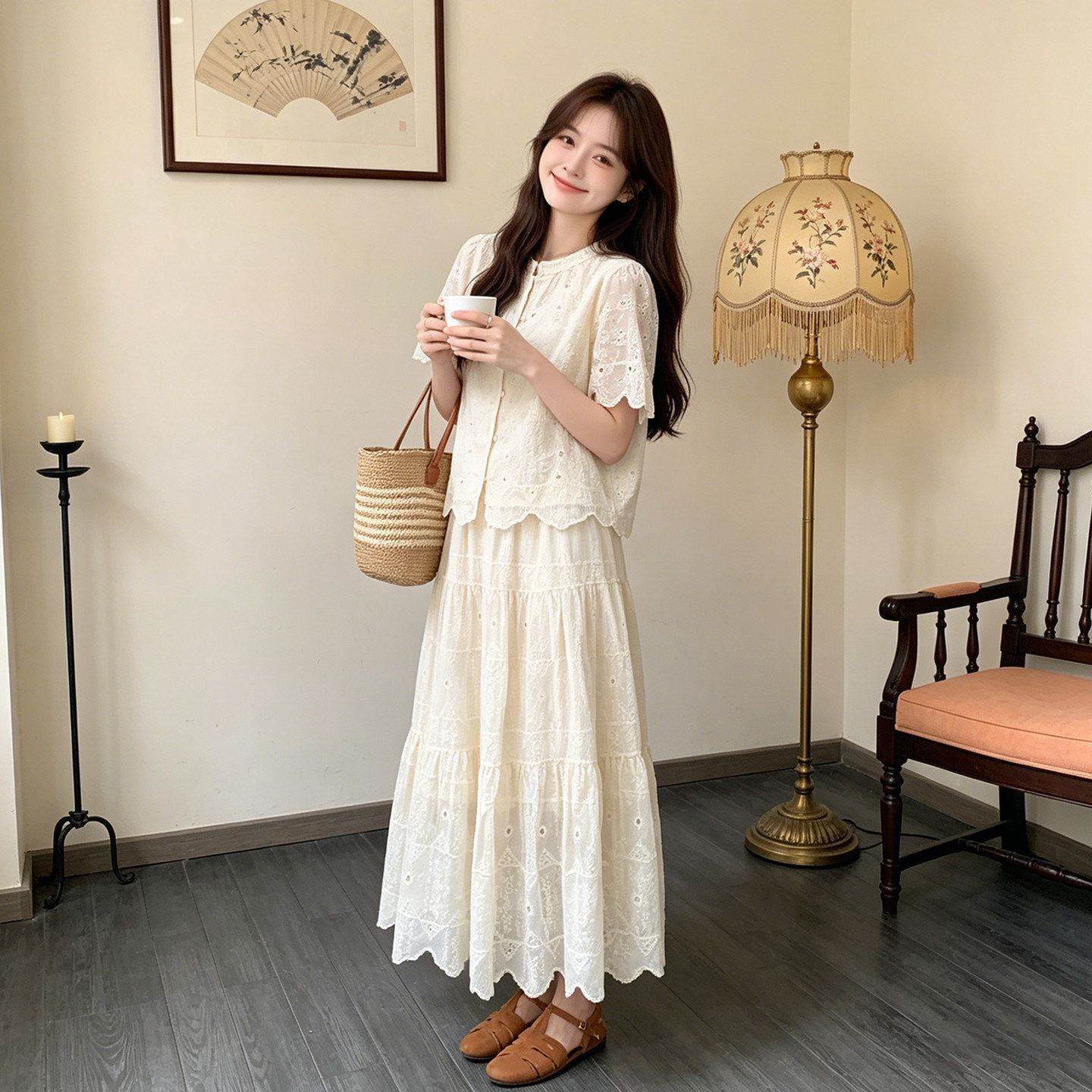 米杏色温柔风蕾丝套装裙女2026夏新款高级感短袖衬衫半身裙两件套