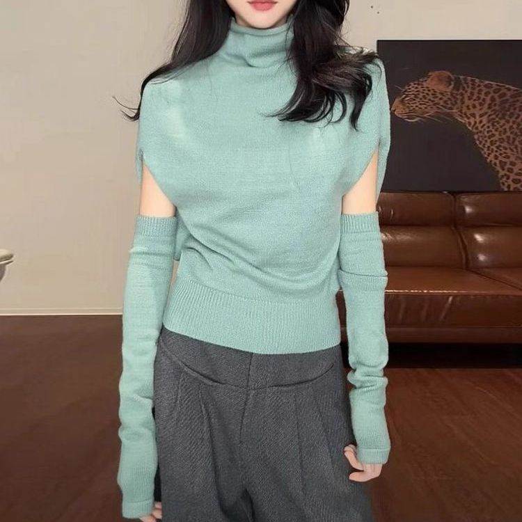 薄荷绿色春夏新款千金风高领露肩针织衫上衣女修身显瘦毛衣极简风