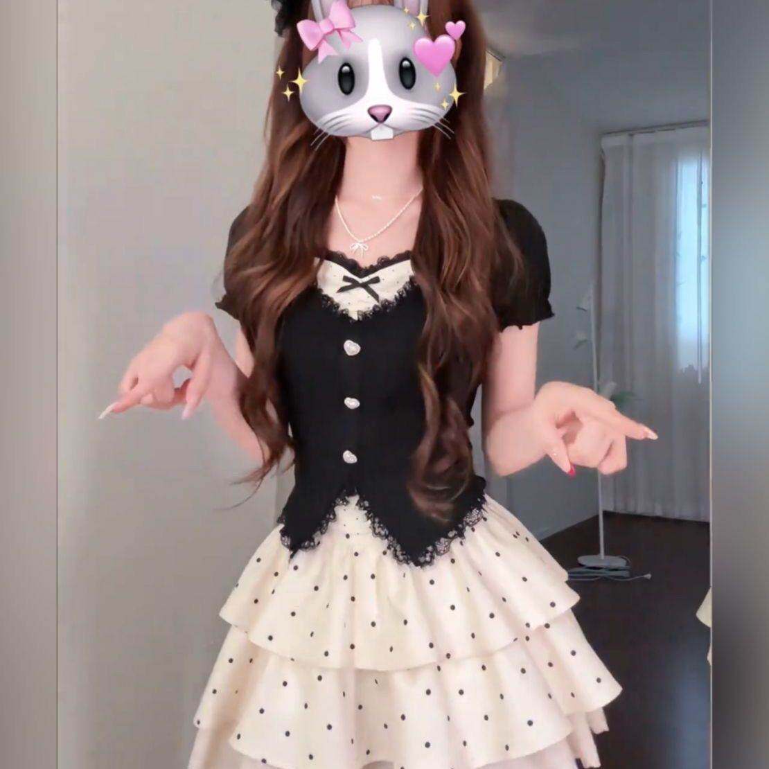 甜美时尚黑白针织上衣收腰短裙两件套夏季日系软妹恤蓬蓬裙套装