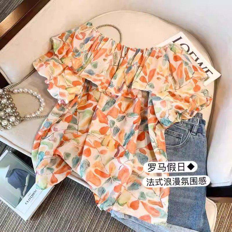 胖mm加大码女装夏季宽松显瘦荷叶边碎花短袖衬衫雪纺一字肩上衣女