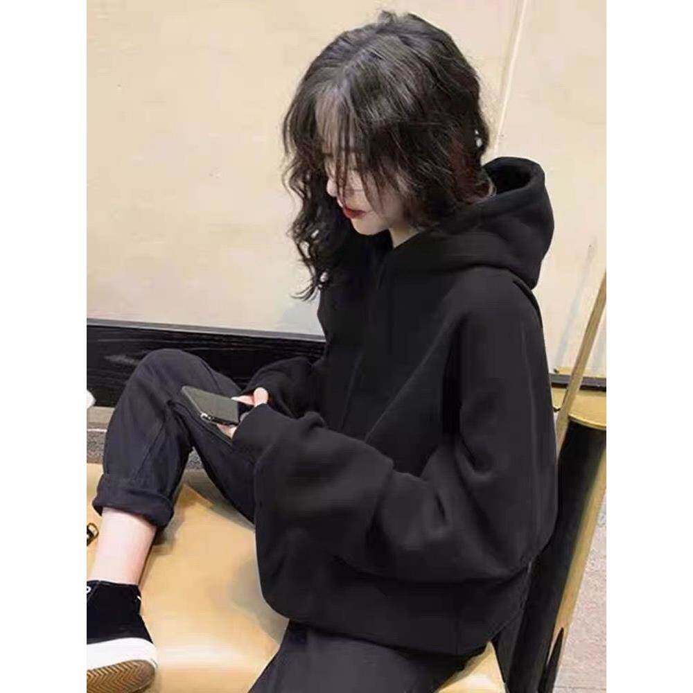 黑色连帽卫衣女2026秋冬新款爆款时尚宽松加绒加厚纯色情侣装上衣