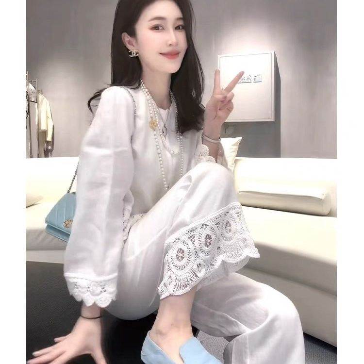高级松弛感穿搭白色蕾丝边衬衫阔腿裤亚麻棉麻套装女2026新款早秋