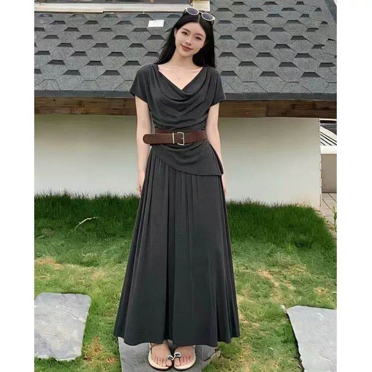 胖荡领不规则上衣半身裙子两件套女夏季大码显瘦垂感套装连衣裙