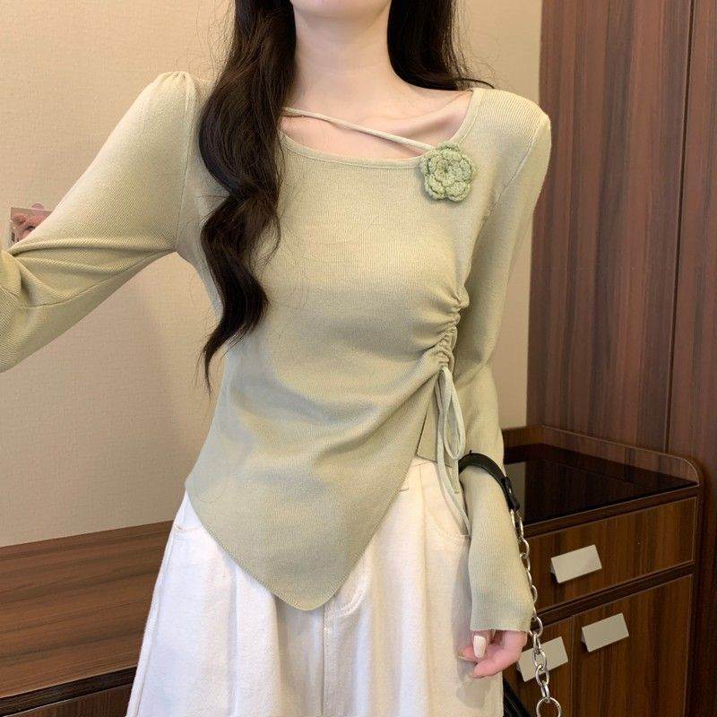 2026新款立体长袖不规则针织衫花朵设计抽绳打底衫气质红色上衣