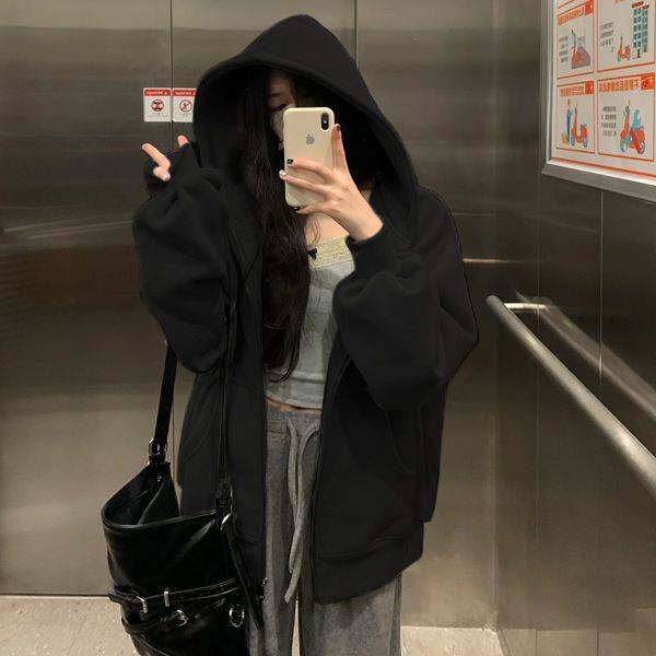 秋春季外套女春春夏款灰色连帽卫衣2026新款加绒休闲拉链开衫上衣