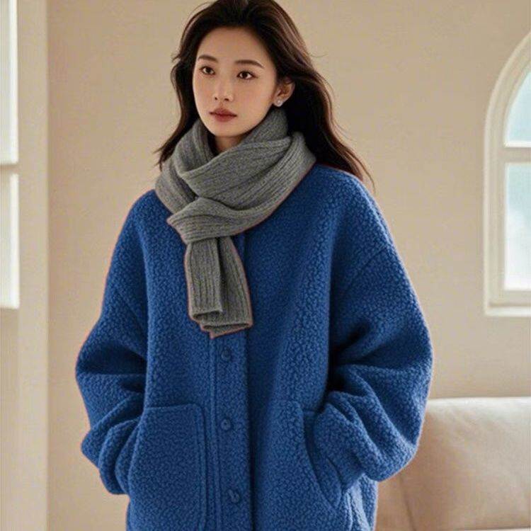 羊羔毛外套女宽松大码超漂亮蓝色2025新款爆款秋冬颗粒毛绒呢大衣