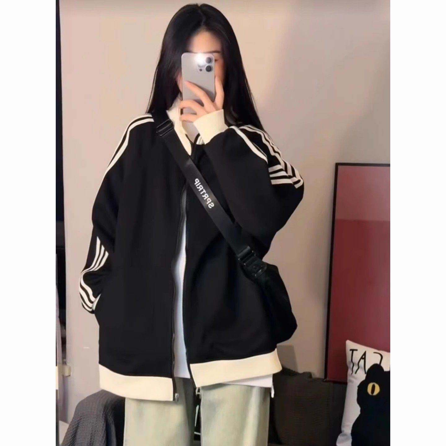 撞色拼接立领卫衣外套女春秋百搭宽松中长款拉链棒球服运动上衣服