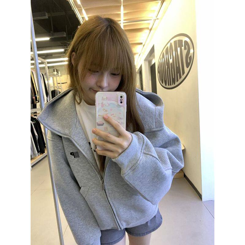 美式vintage复古灰色连帽卫衣外套女秋冬季宽松休闲拉链开衫上衣