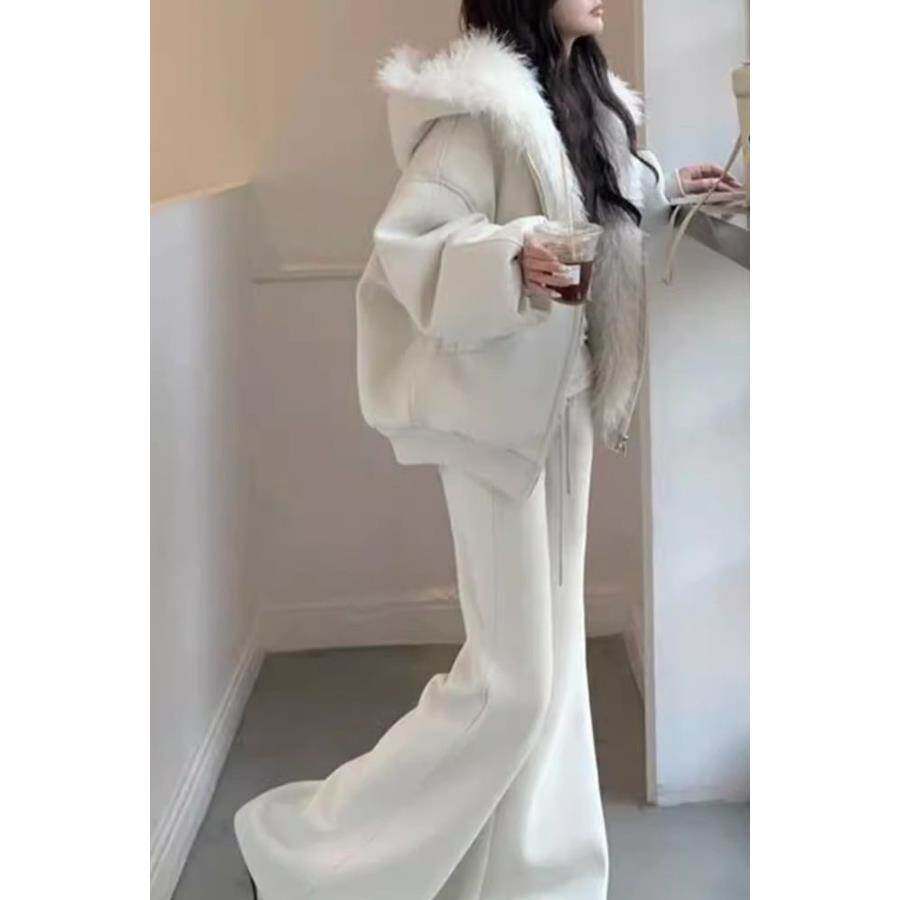 大小姐新款加绒加厚连帽保暖长袖拉链开衫外套高腰微喇裤两件套装