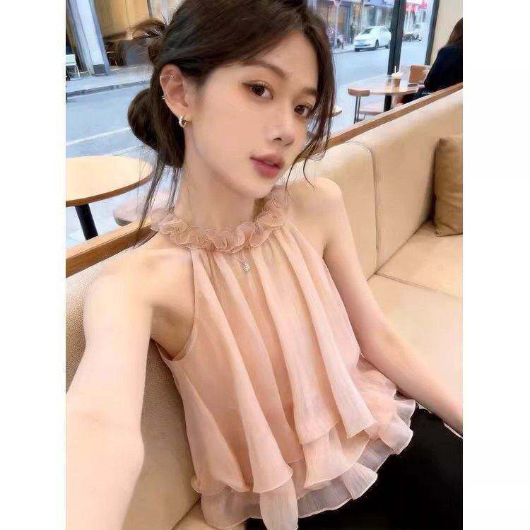 粉色木耳花边挂脖吊带背心女夏季法式小资纯欲风露肩无袖雪纺小衫