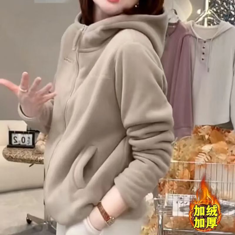 一件过冬加厚羊驼绒防风保暖奥粒绒连帽外套秋冬新款百搭显瘦上衣