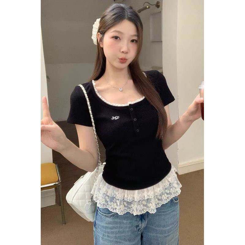 大码女装夏季新款假两件辣妹蕾丝花边短袖恤设计感小众短款上衣