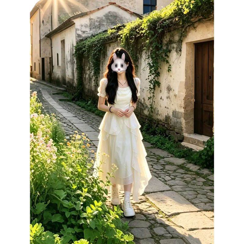 温柔森系法式超仙公主荷叶边连衣裙子女夏季气质初恋清纯奶甜长裙
