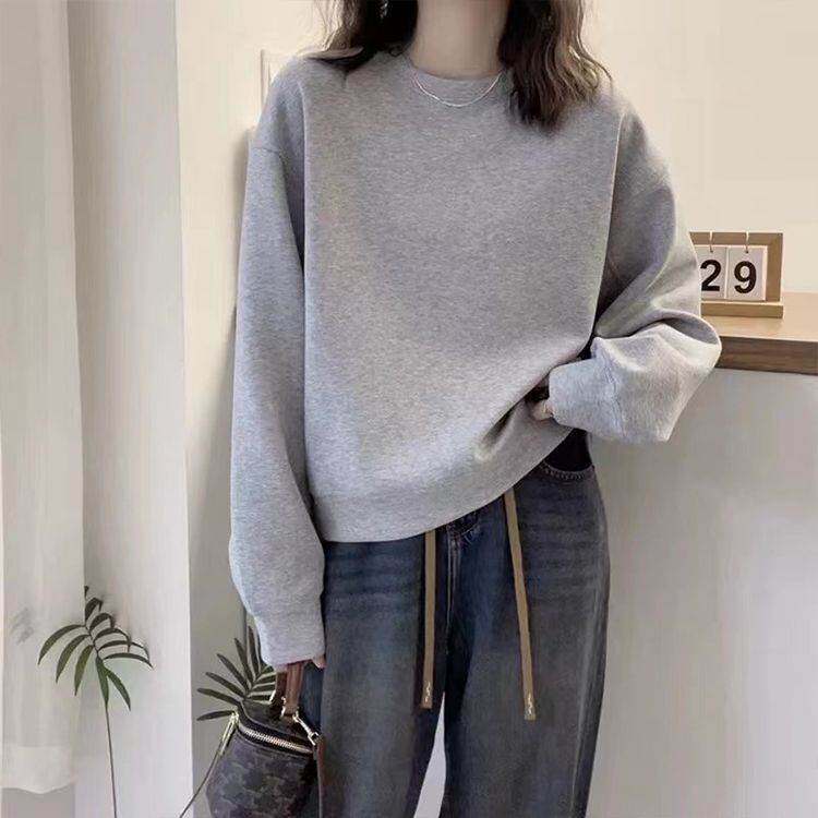 圆领套头打底衫加绒加厚卫衣女2026春夏新款宽松韩版外套春秋薄款