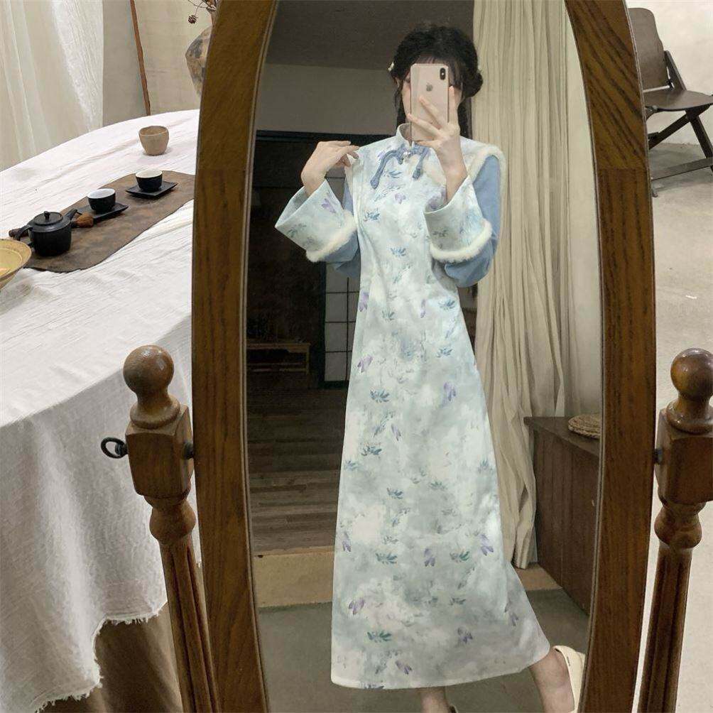 大码胖中式国风改良碎花旗袍女秋冬套装新款加绒加厚气质连衣裙