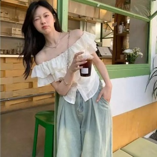 甜美风修身 女夏季 2025新款 上衣 短款 一字领荷叶边短袖 杏色法式 衬衫