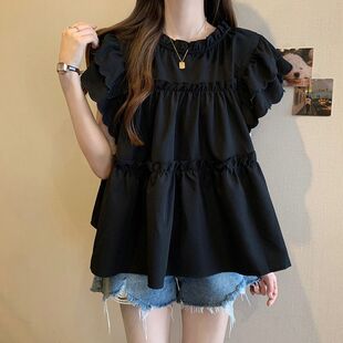设计感荷叶边宽松短袖衬衫女夏季新款法式甜美小衫遮肚显瘦上衣