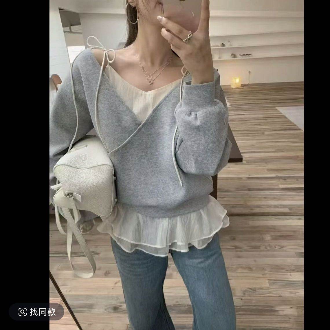 领拼接假两件系带卫衣春季荷叶边上衣