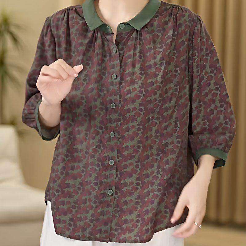 高档大码小衫宽松中老年妈妈装娃娃领衬衫春季新款碎花上衣雪纺衫