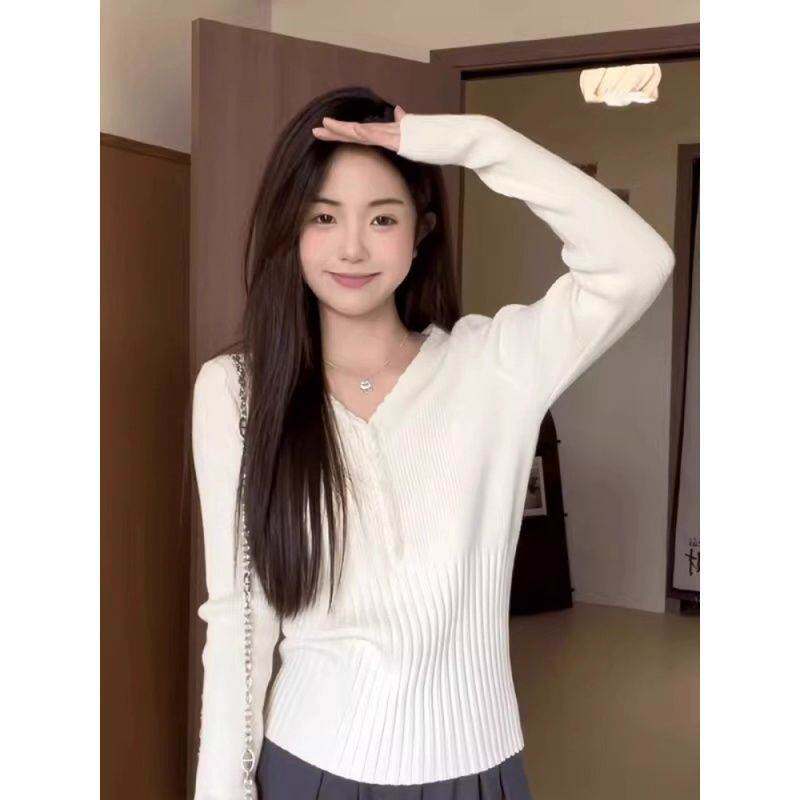 白色领长袖针织衫女春夏小个子短款修身内搭毛衣春春季上衣
