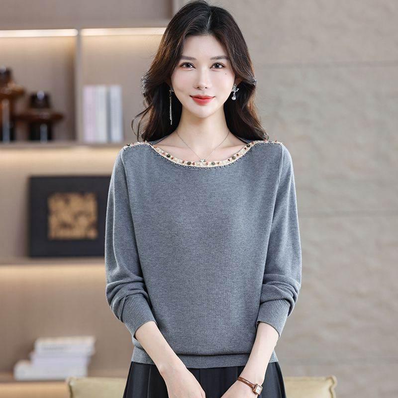 仿羊毛衫女士秋冬季2026新款打底妈妈装洋气针织衫上衣一字领
