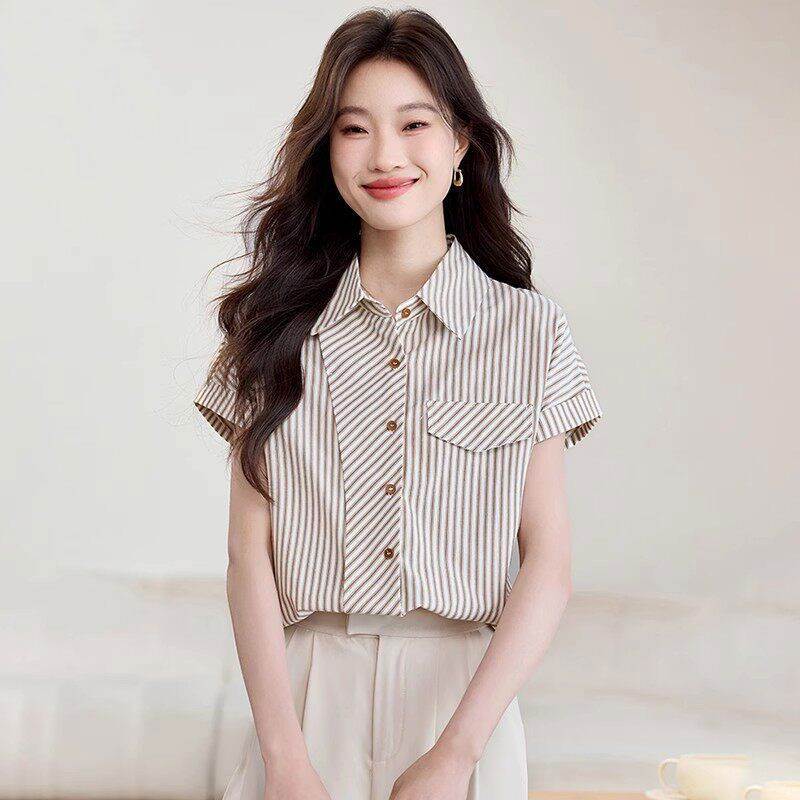 法式设计感短袖条纹翻领衬衫女士短袖衬衫小衫