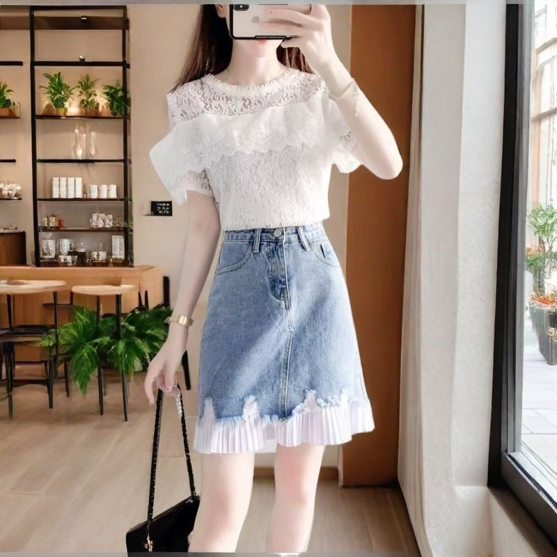 小清新短裙时尚套装夏季短袖露肩蕾丝上衣洋气牛仔半身裙两件套