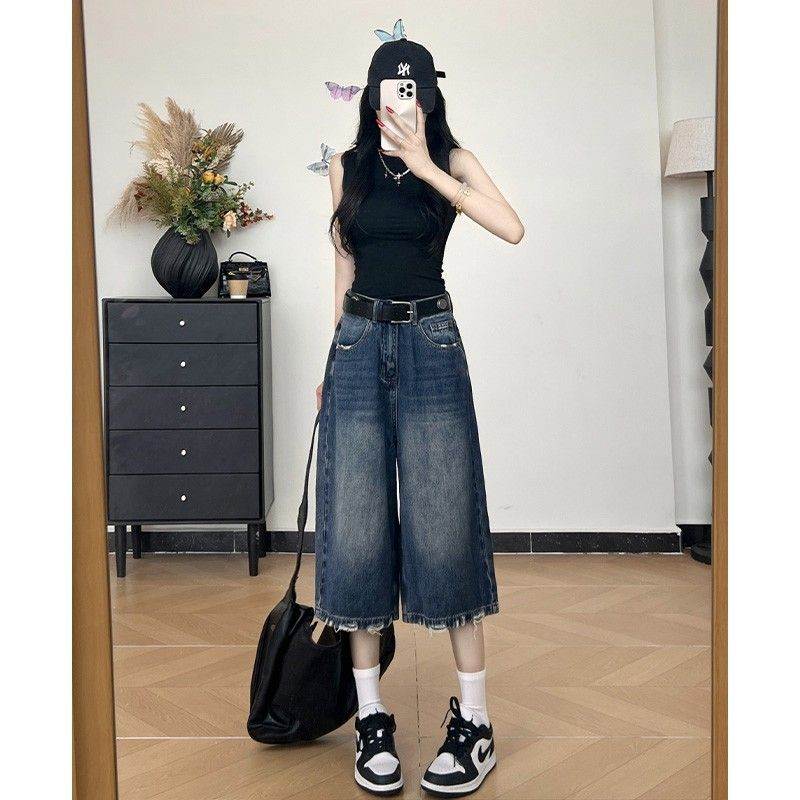 美式复古磨破宽松七分牛仔裤女夏季薄款高腰松弛感休闲汽水裤