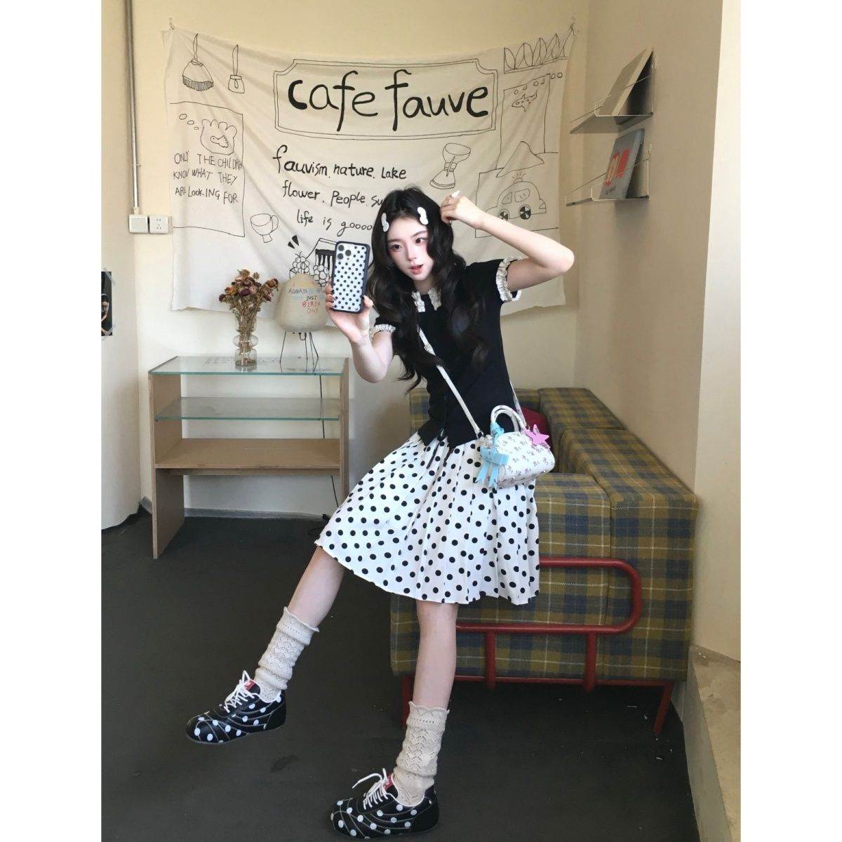 约会穿搭一整套韩版复古蕾丝花边拼接短袖针织上衣女波点半身短裙
