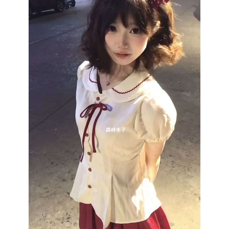 JK制服百搭娃娃领泡泡袖可爱短袖上衣收腰修身甜美穿搭学院风日系