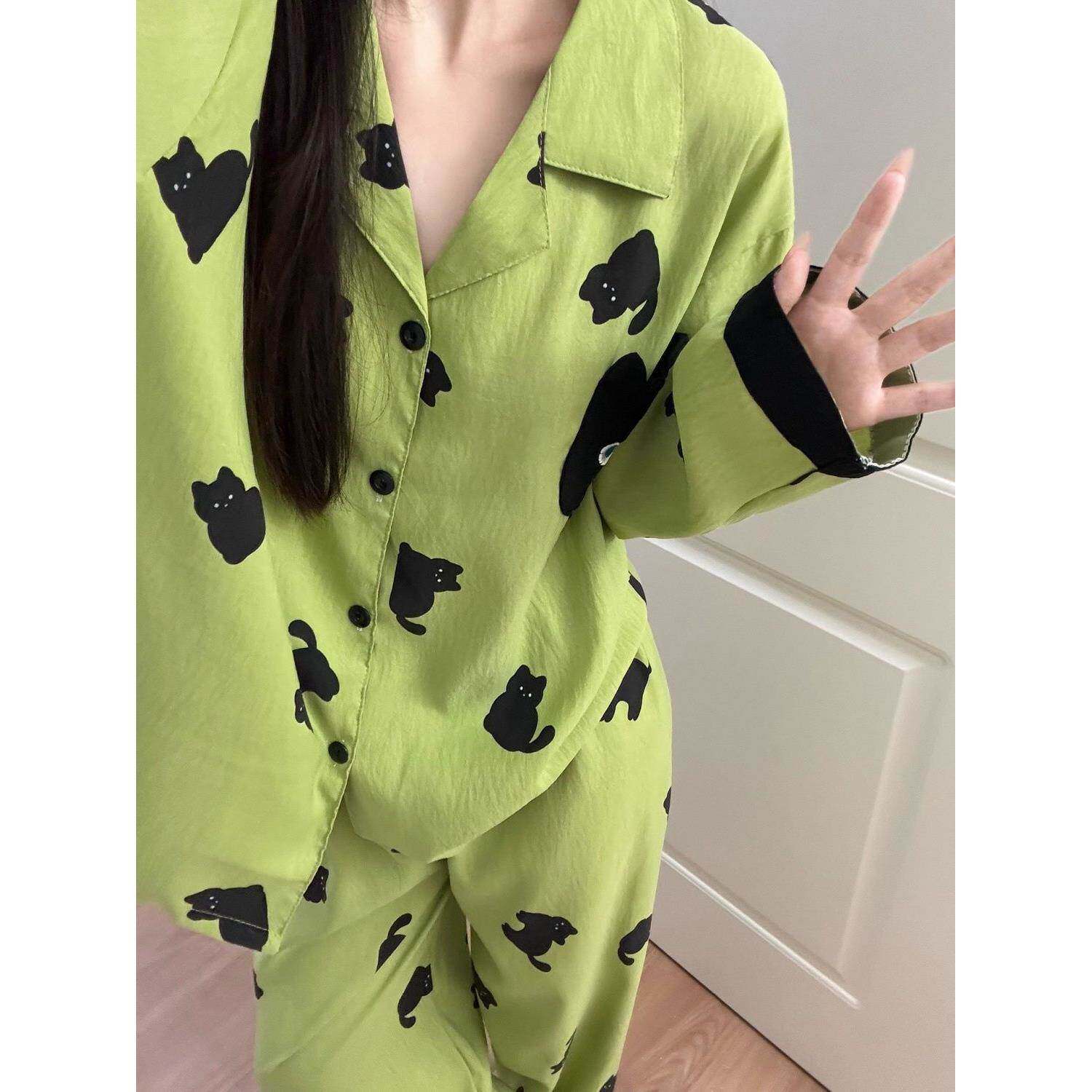 韩国可爱卡通小黑猫睡衣女款春秋云朵棉长袖长裤可外穿家居服
