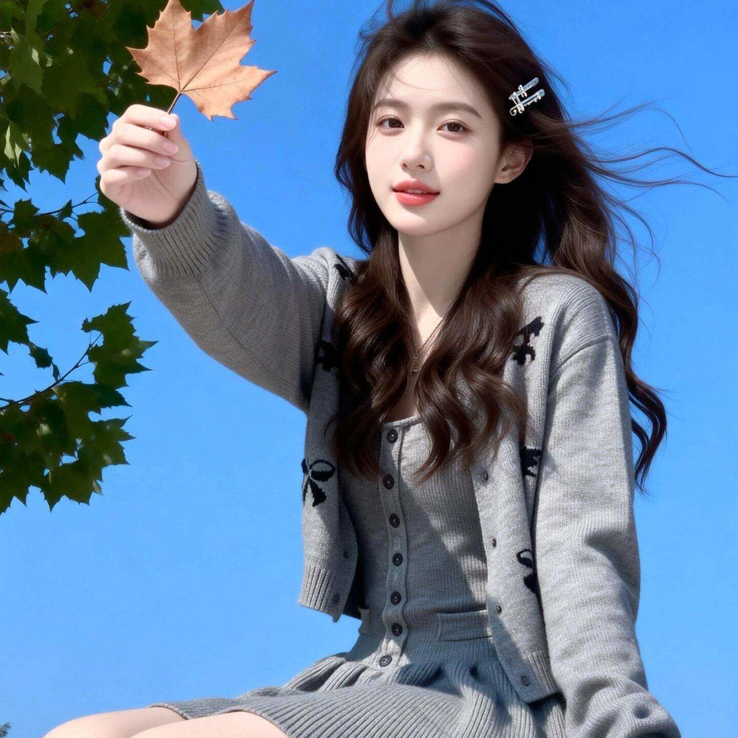 韩系甜美效果蝴蝶结百搭针织开衫女秋冬款纯欲风吊带连衣裙套装