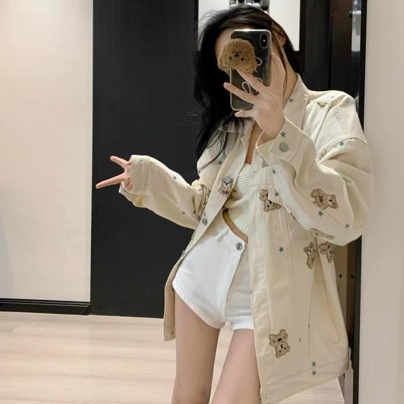 2026春秋新款小熊刺绣牛仔外套女米白松减龄显瘦休闲百搭夹克上衣