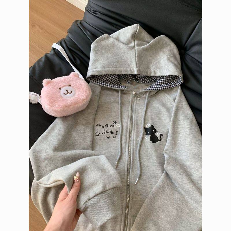 薄款日系可爱猫咪灰色连帽长袖卫衣女秋冬拉链开衫外套ins潮亚宅