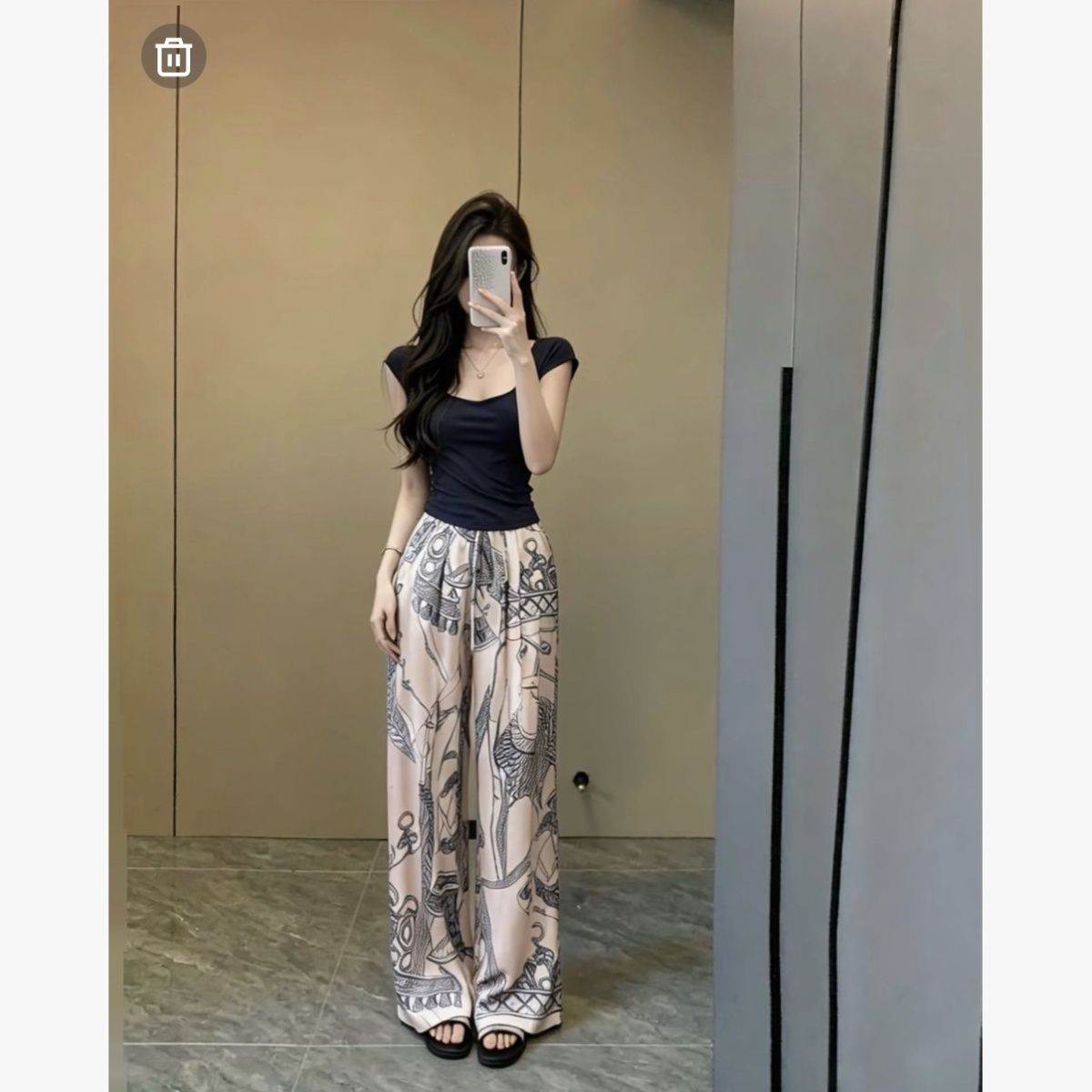 夏季网红同款修身显瘦领上衣醋酸冰凉几何印花宽松休闲阔腿长裤